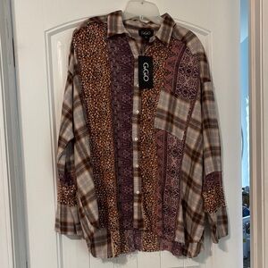 GGO Women's Multicolor Patchwork Button Down Shirt